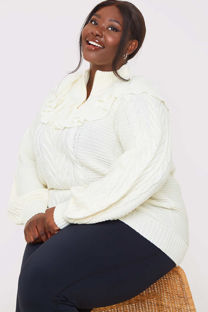 Recycled Frill Detail Half Zip Knitted Jumper