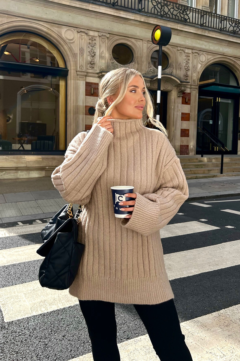 Wide Rib High Neck Longline Knitted Jumper