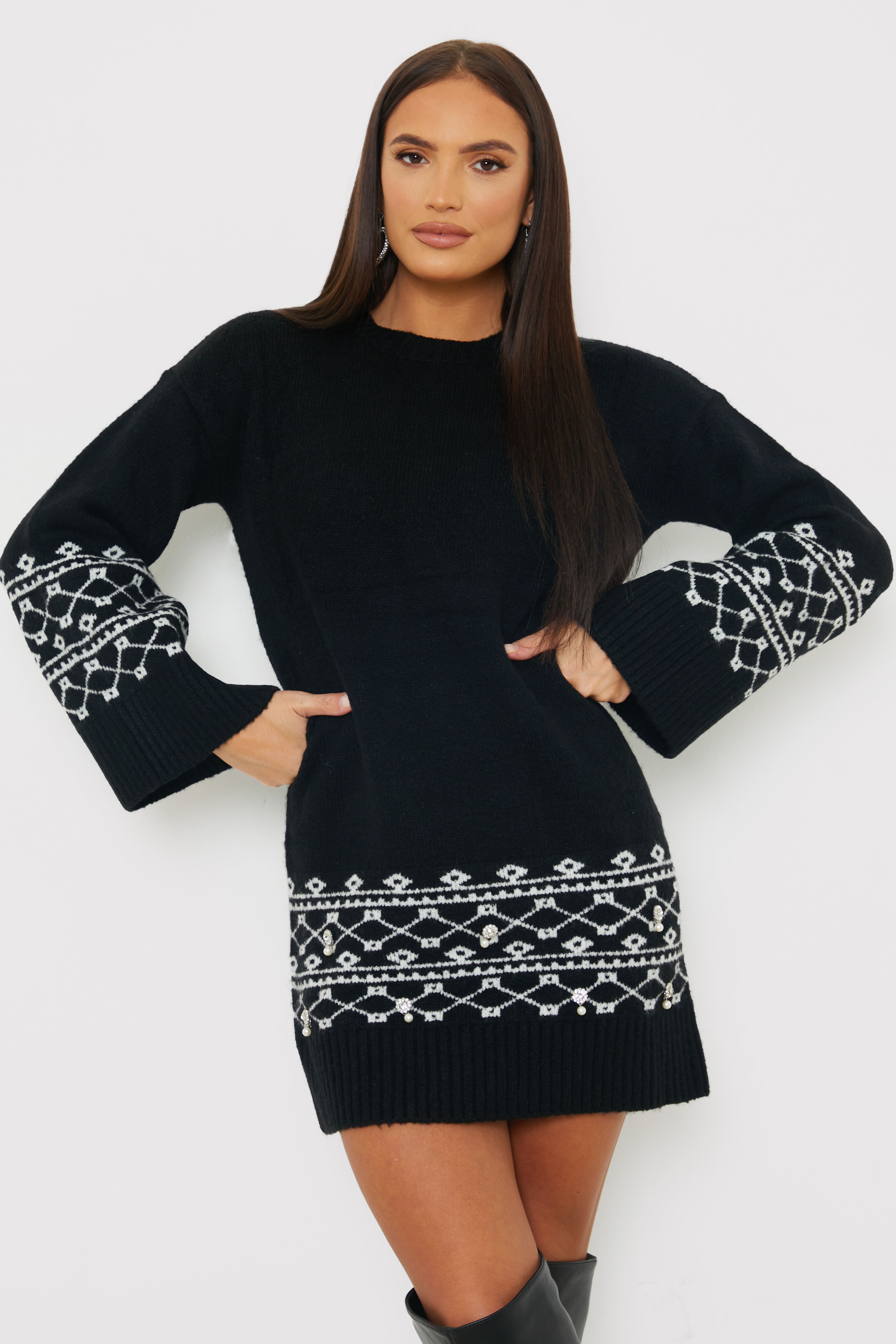 Fairisle Sleeve Detail Knit Mini Dress