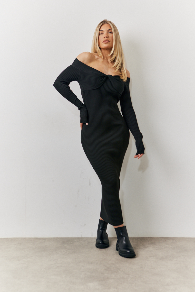Dry Rib Knot Detail Bardot Knitted Midi Dress	
