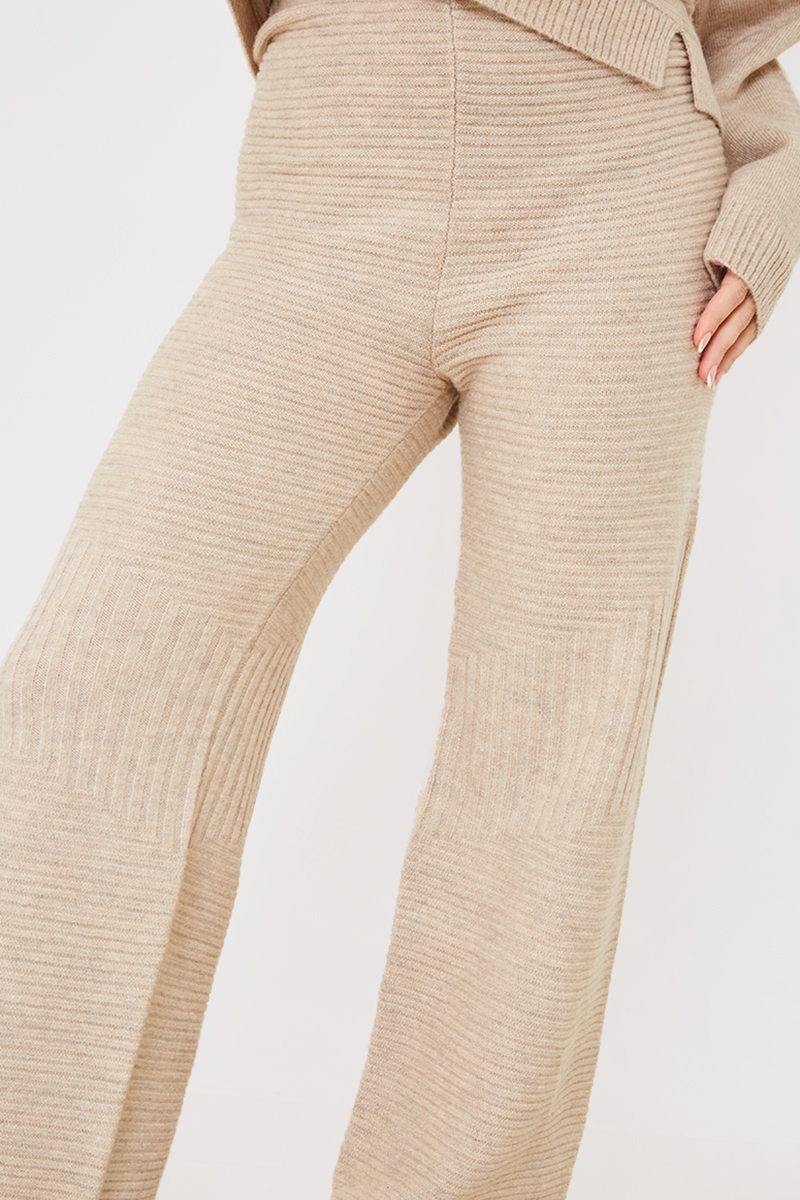 Knit Low Waist Stripe Wide Leg Trousers - Cider