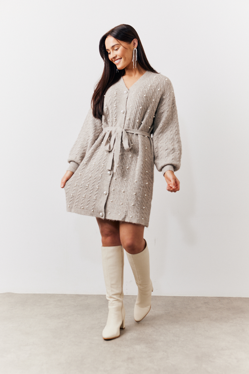 Mocha Pearl Detail Cable Belted Jumper Dress	