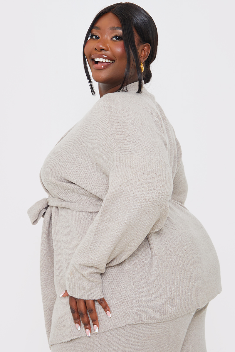 Knitwear Plus Size Belted Cardigan Oatmeal Belted Knitted Co-Ord