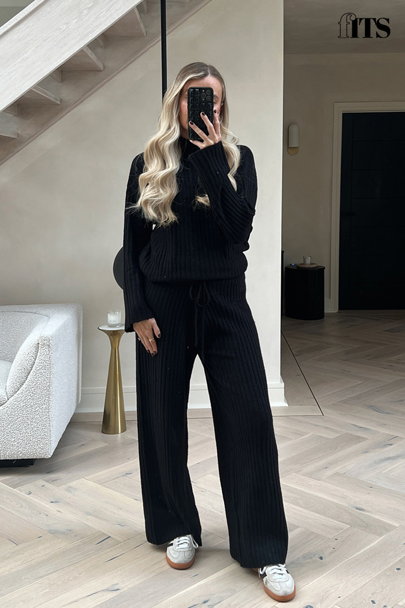 Black Ribbed Wide Leg Trousers