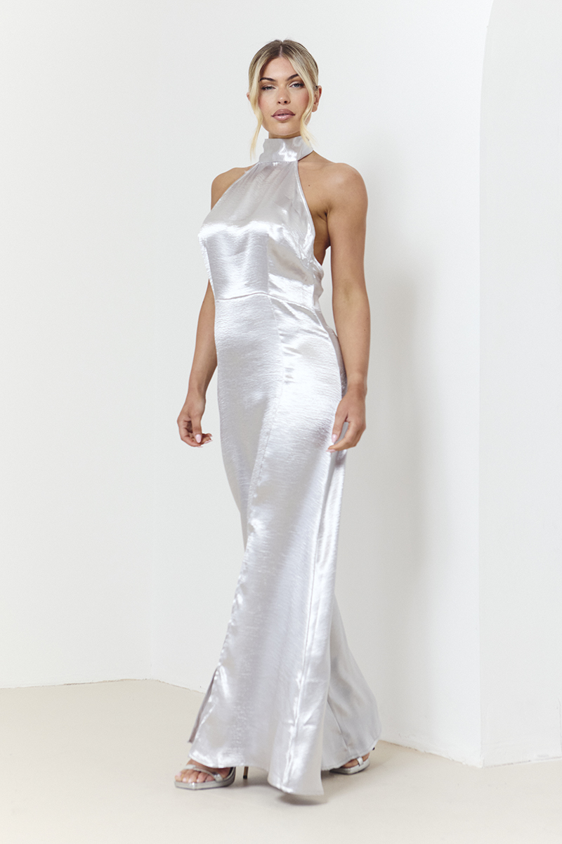 Silver Liquid Satin Halterneck Split Detail Maxi Dress