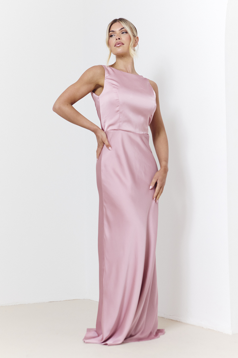 Rose Pink Satin Cowl Back Maxi Dress