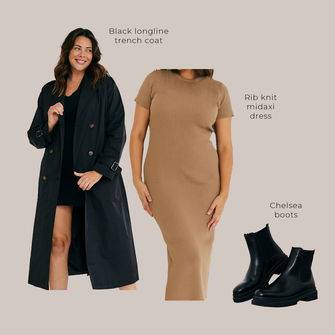 Black dress with trench coat best sale