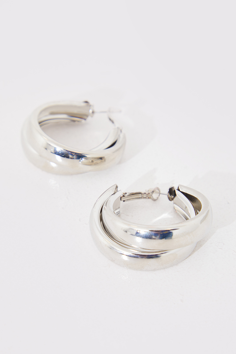 ELLE Lady's White Sterling Silver Medium Double Hoop Earrings