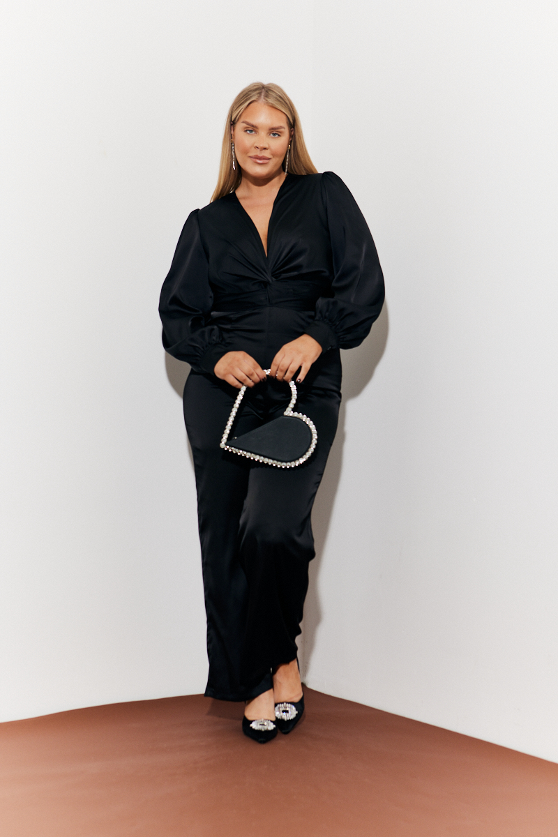 Twist Front Detail Wide Leg Satin Jumpsuit 