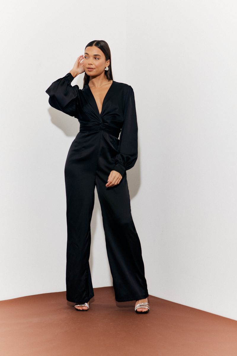 Twist Front Detail Wide Leg Satin Jumpsuit 