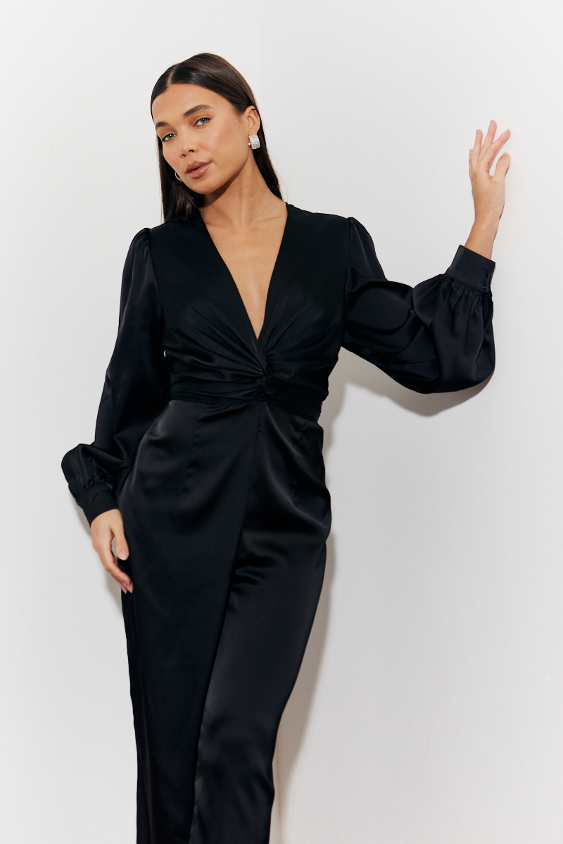 Twist Front Detail Wide Leg Satin Jumpsuit 