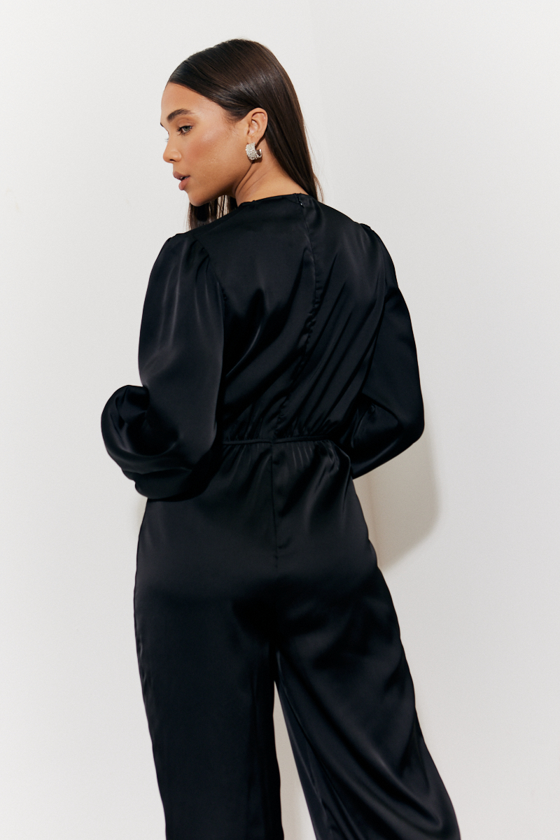 Twist Front Detail Wide Leg Satin Jumpsuit 