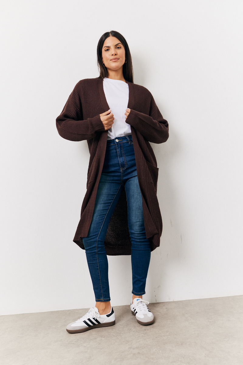 Chocolate Longline Belted Knitted Cardigan