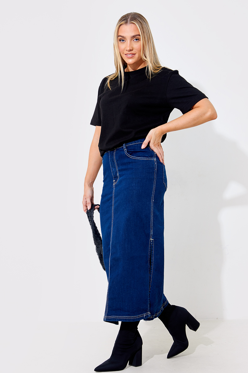 Contrast Stitch Denim Midi Skirt