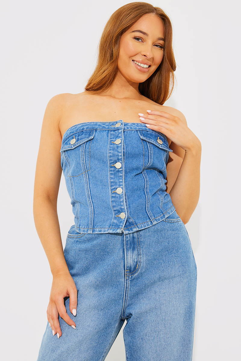 Denim Button Through Corset Bandeau Top