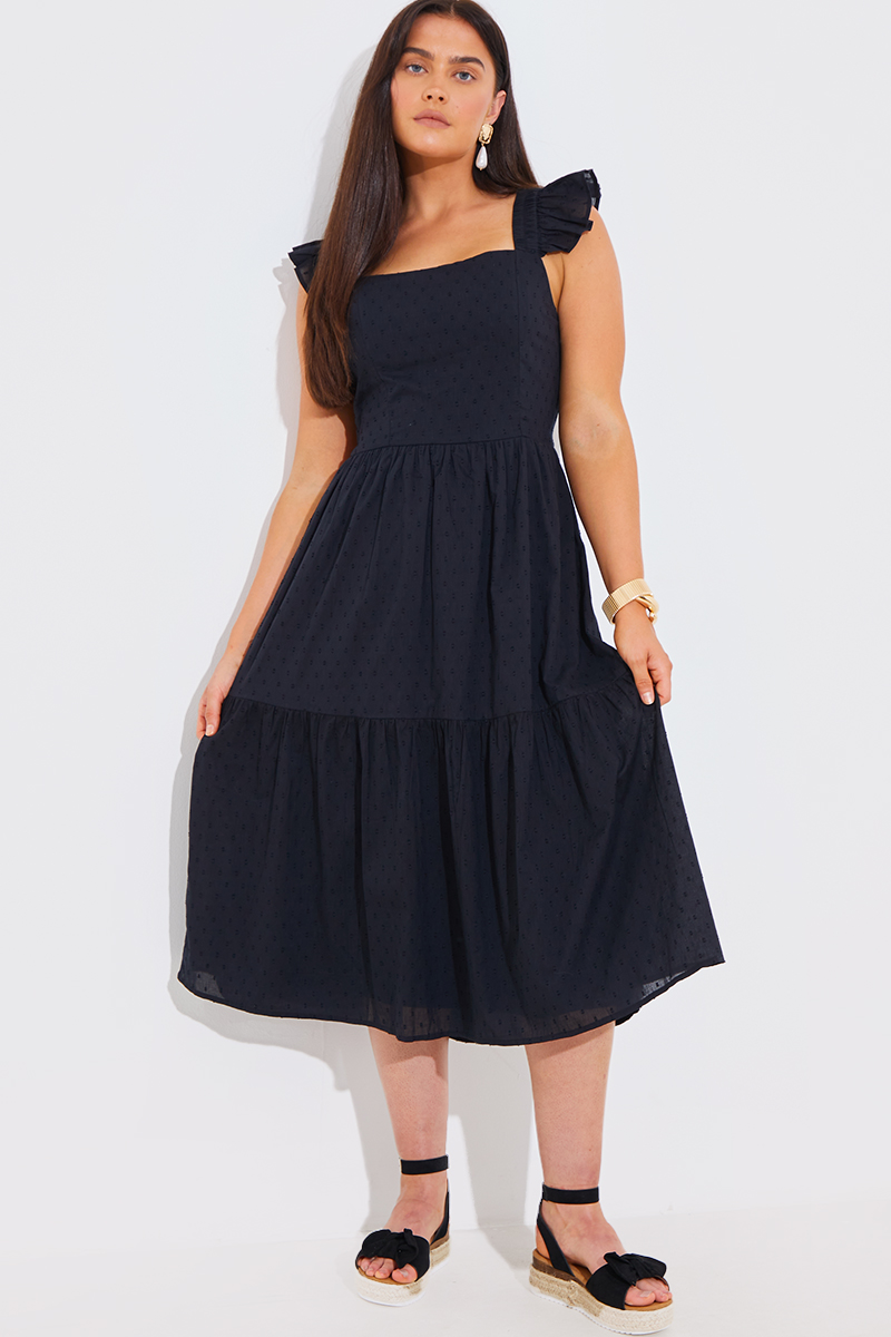 Cotton Dobby Frill Strap Tie Back Midi Dress