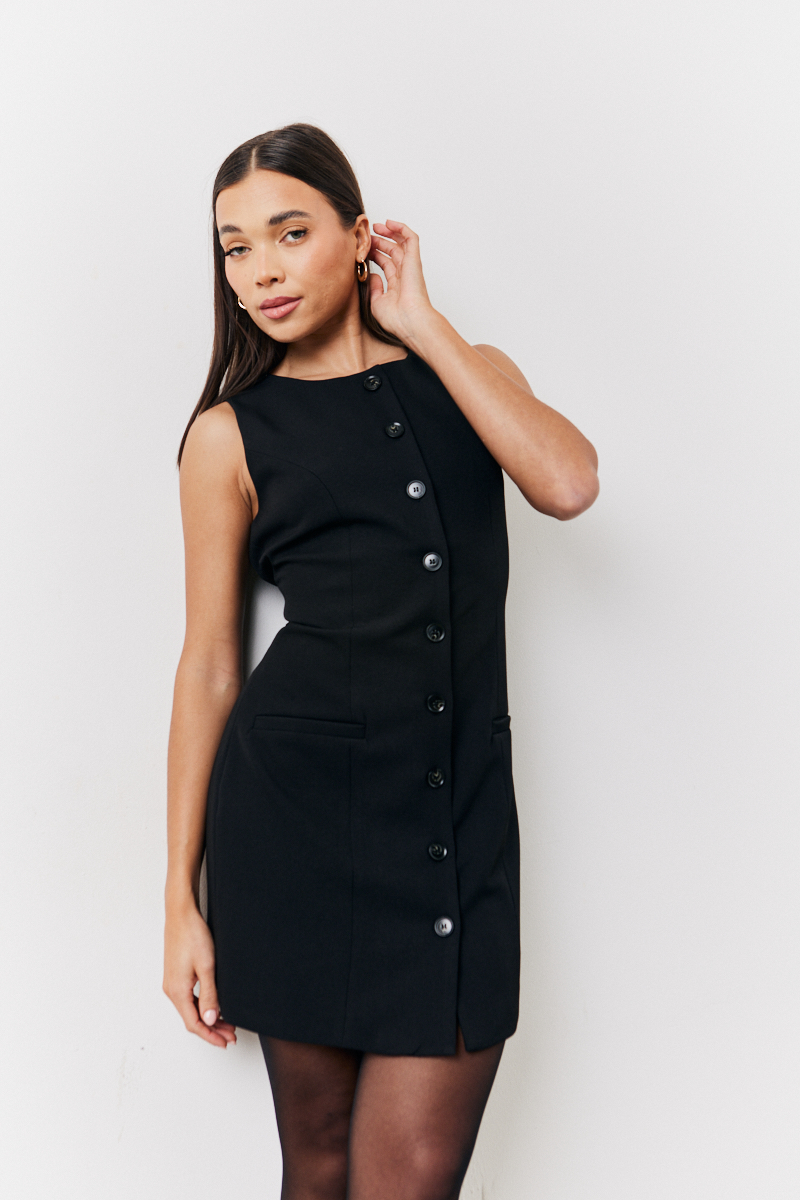 Round Neck Button Through Mini Dress