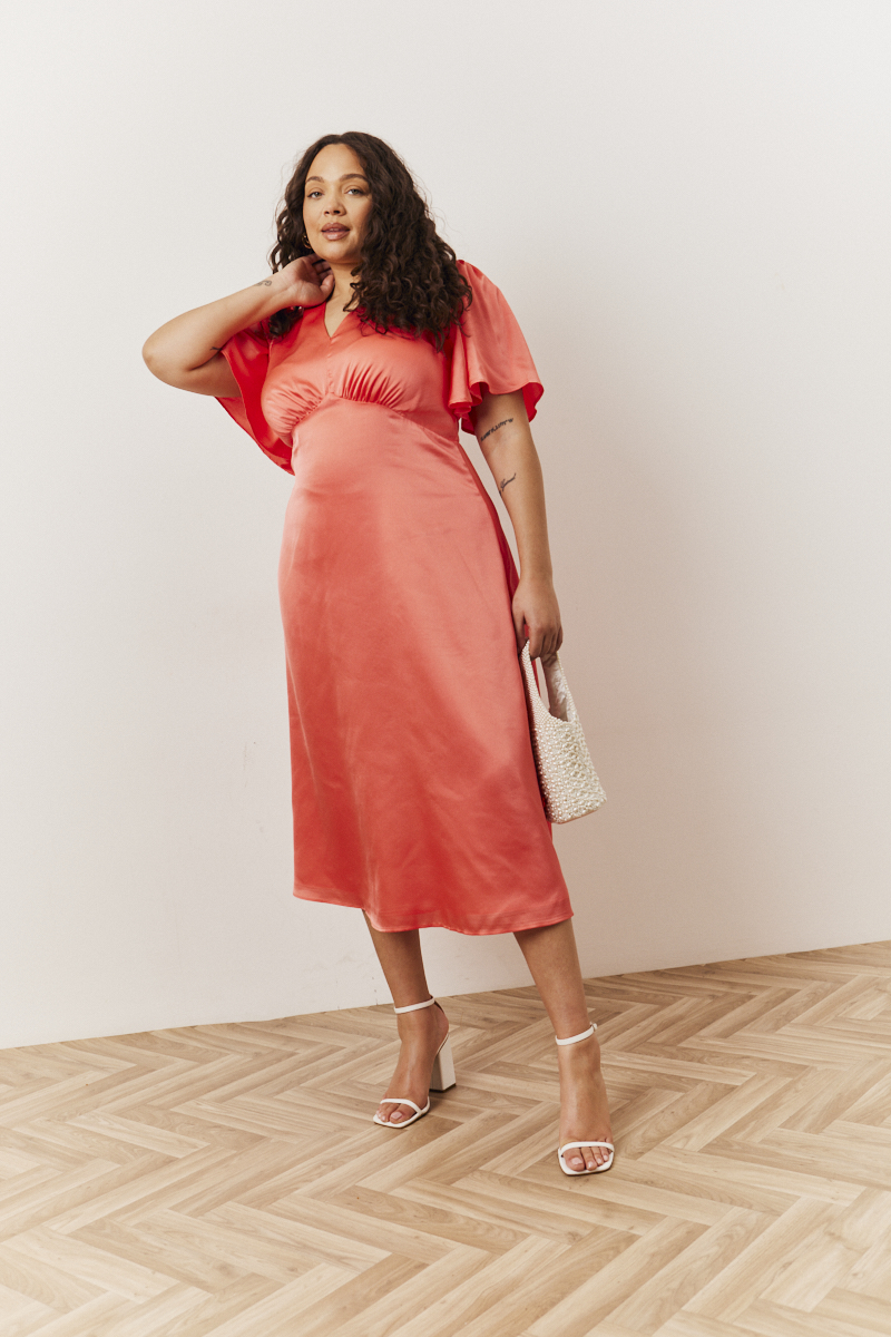 Coral Satin Flutter Sleeve Maxi Slip Dress