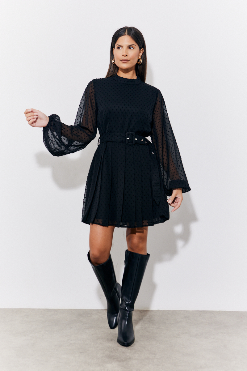 Black Dobby Belted Pleated Skater Dress