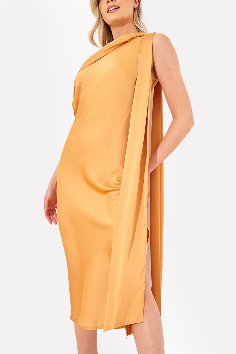Satin Asymmetric Neckline Midi Dress