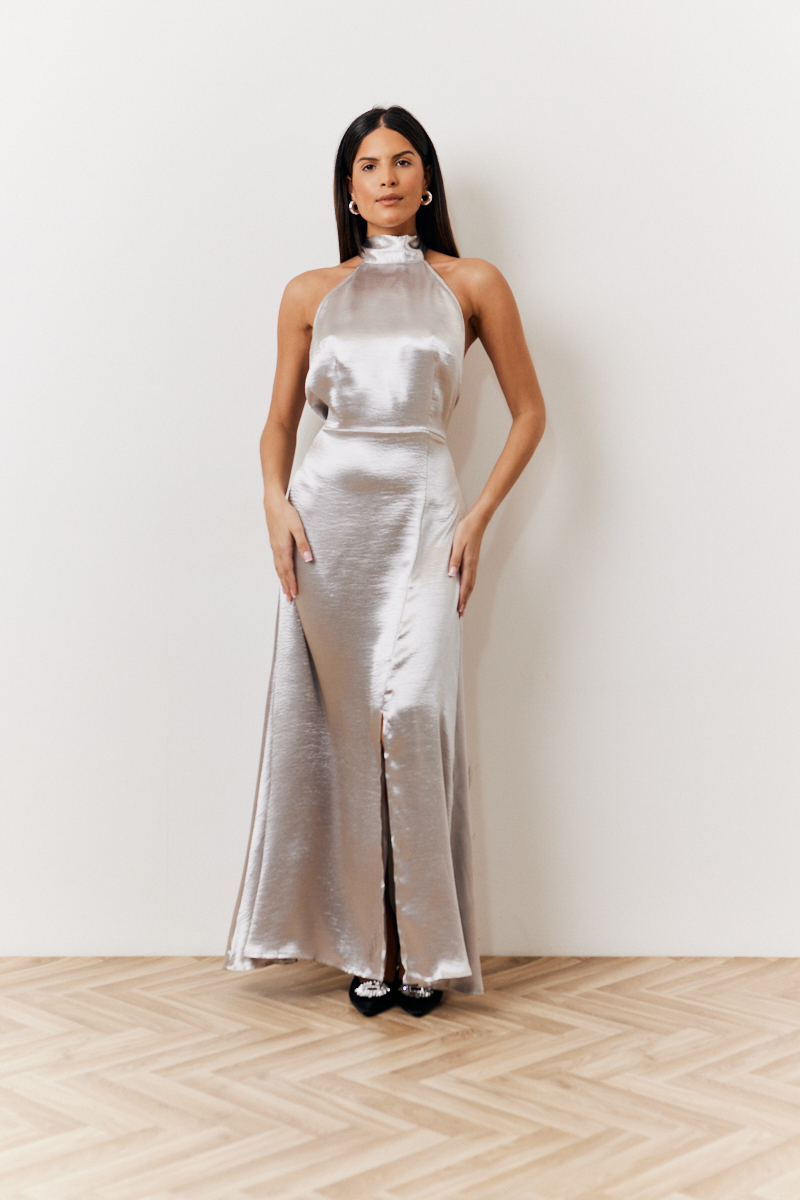 Silver satin maxi dress on sale