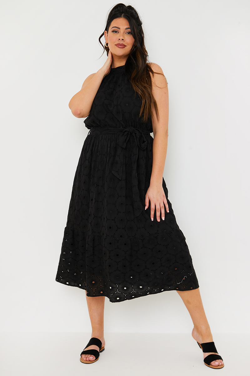 Broderie Halterneck Belted Midi Skater Dress