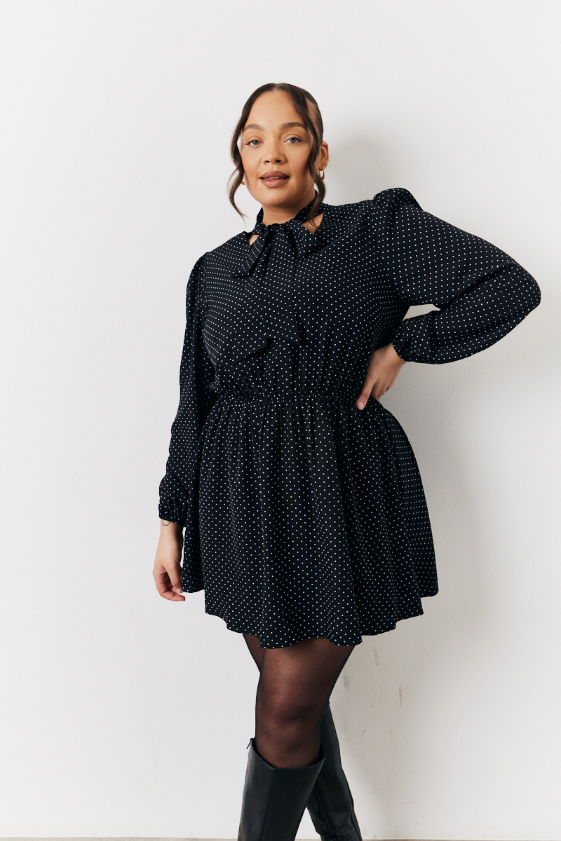 Polka Dot Mini Dress with Tie Neck