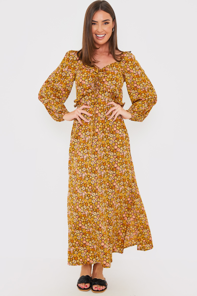 Floral Plunge Long Sleeve Midaxi Dress