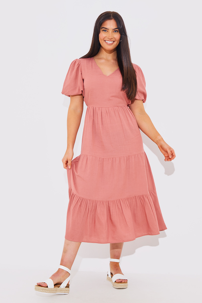 Rust V Neck Tiered Smock Midaxi Dress