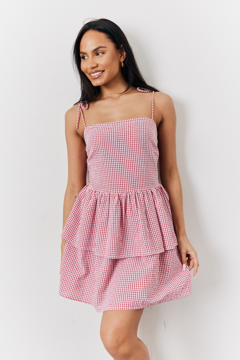 Red Seersucker Gingham Shirred Mini Dress