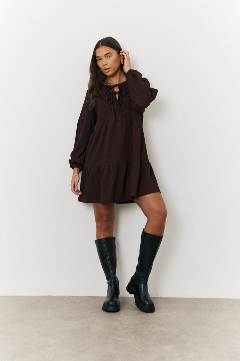 Textured Tie Front Detail Smock Dress