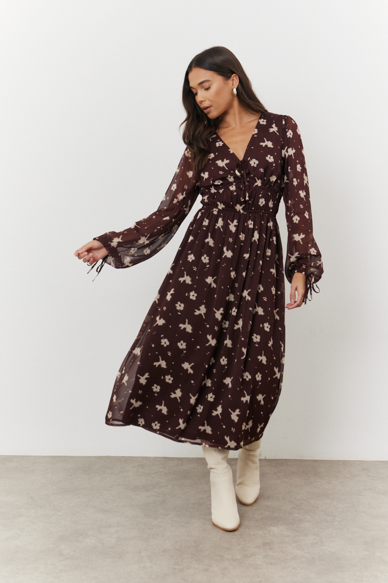 Floral Print Chiffon Tie Front Balloon Sleeve Midi Dress