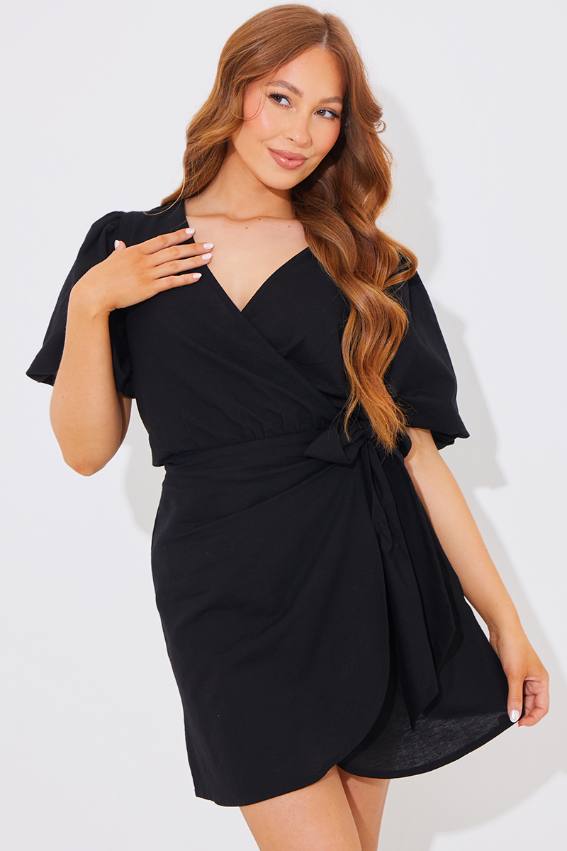 Wrap Linen Look Mini Dress