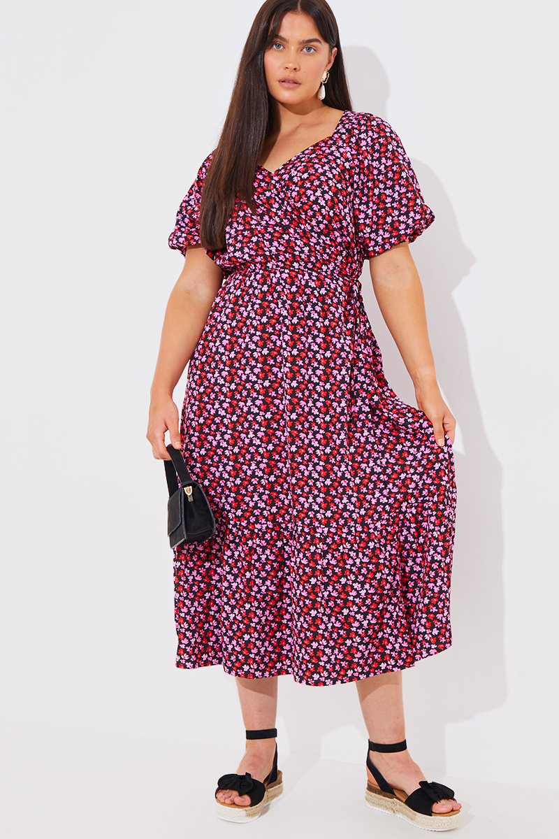 Floral Puff Sleeve Wrap Frill Midi Dress