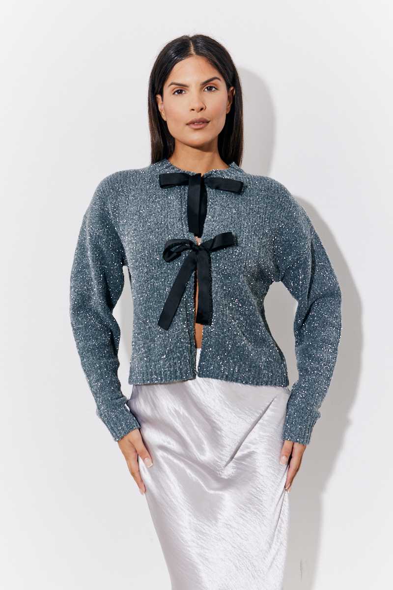 Grey Tie Front Detail Knitted Cardigan