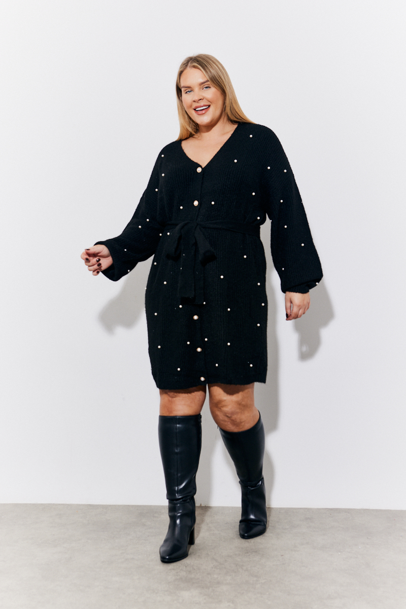 Black Pearl Embellished Knitted Mini Dress