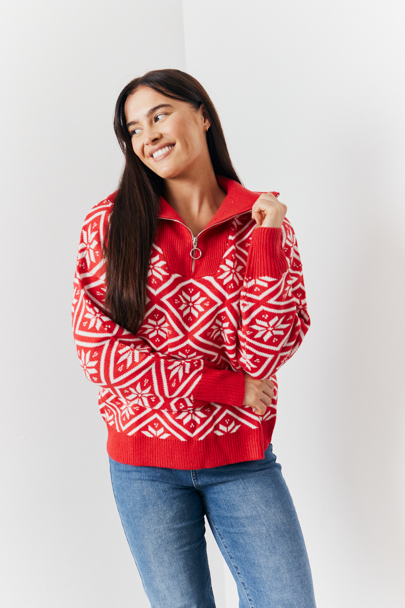 Half Zip Snowflake Fair Isle Knit Jumper