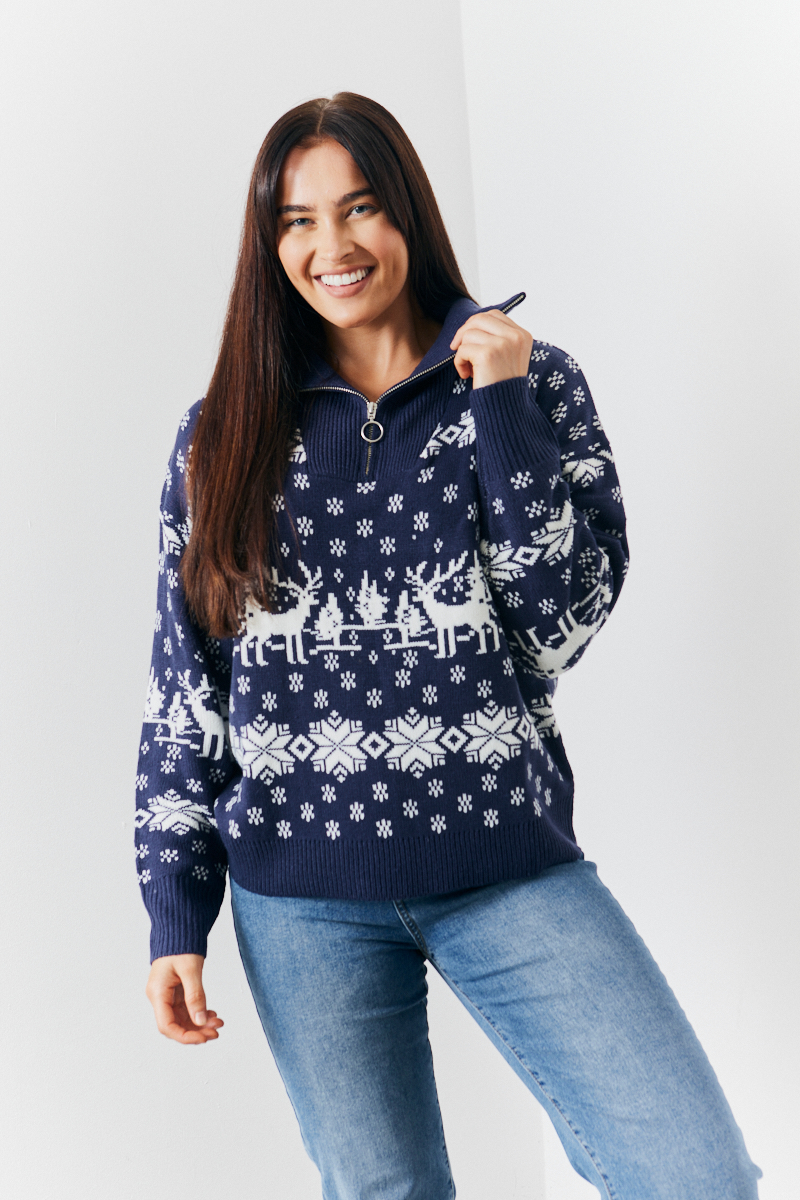 Half Zip Reindeer Fair Isle Knit Jumper
