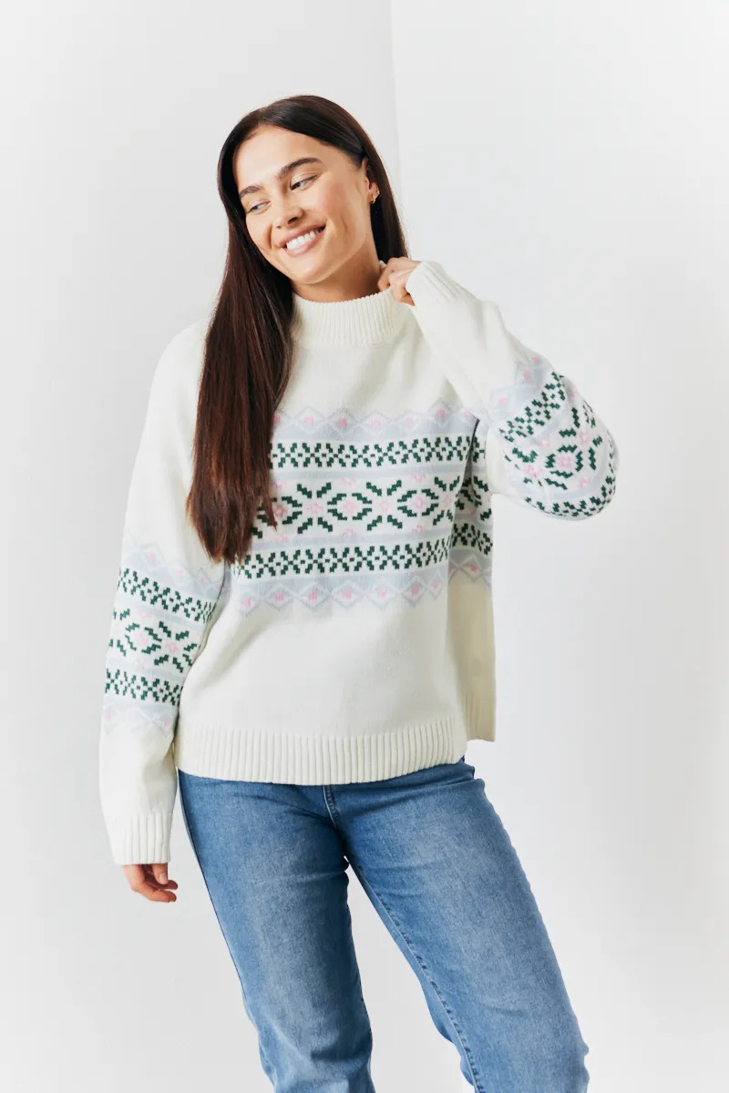 Crew Neck Jacquard Pattern Knitted Jumper