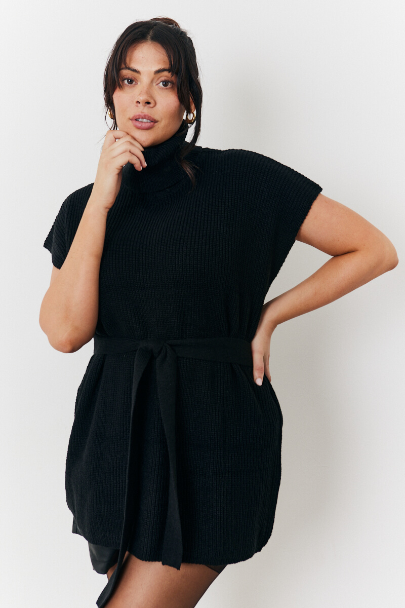 Black longline belted jumper + Faux leather shorts