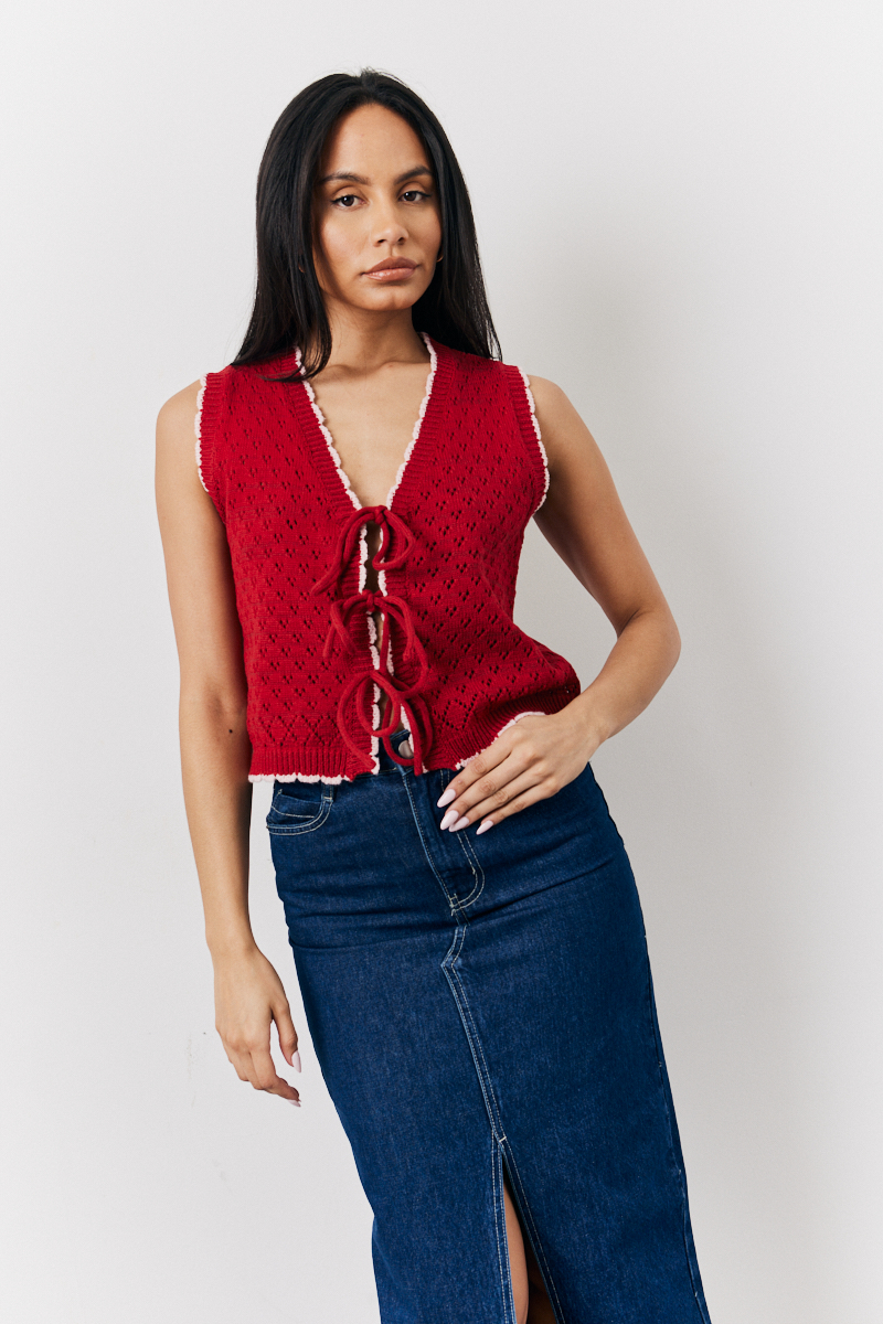 Red Contrast Edge Tie Front Knitted Waistcoat