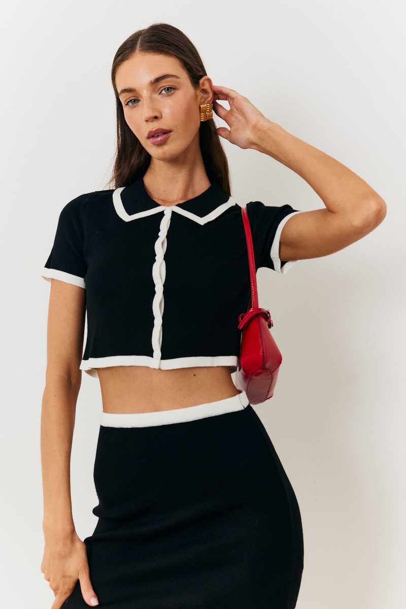 Contrast Piping Knit Co Ord Crop Top