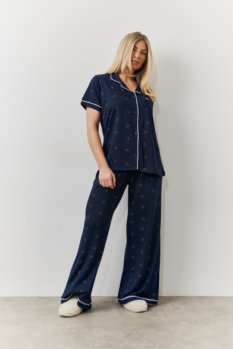 Navy Cherry Print Button Through Trouser Pj Set