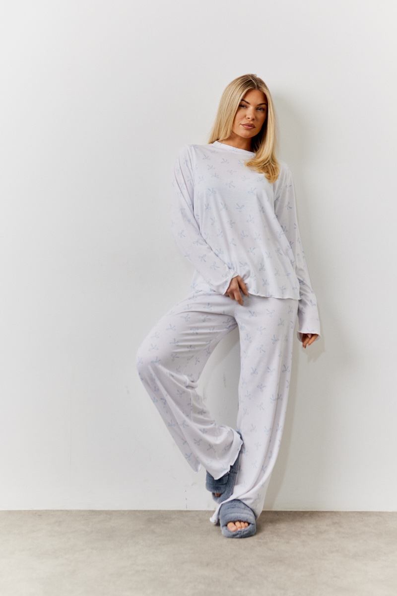 White Bow Print Long Sleeve Top and Trouser Pj Set