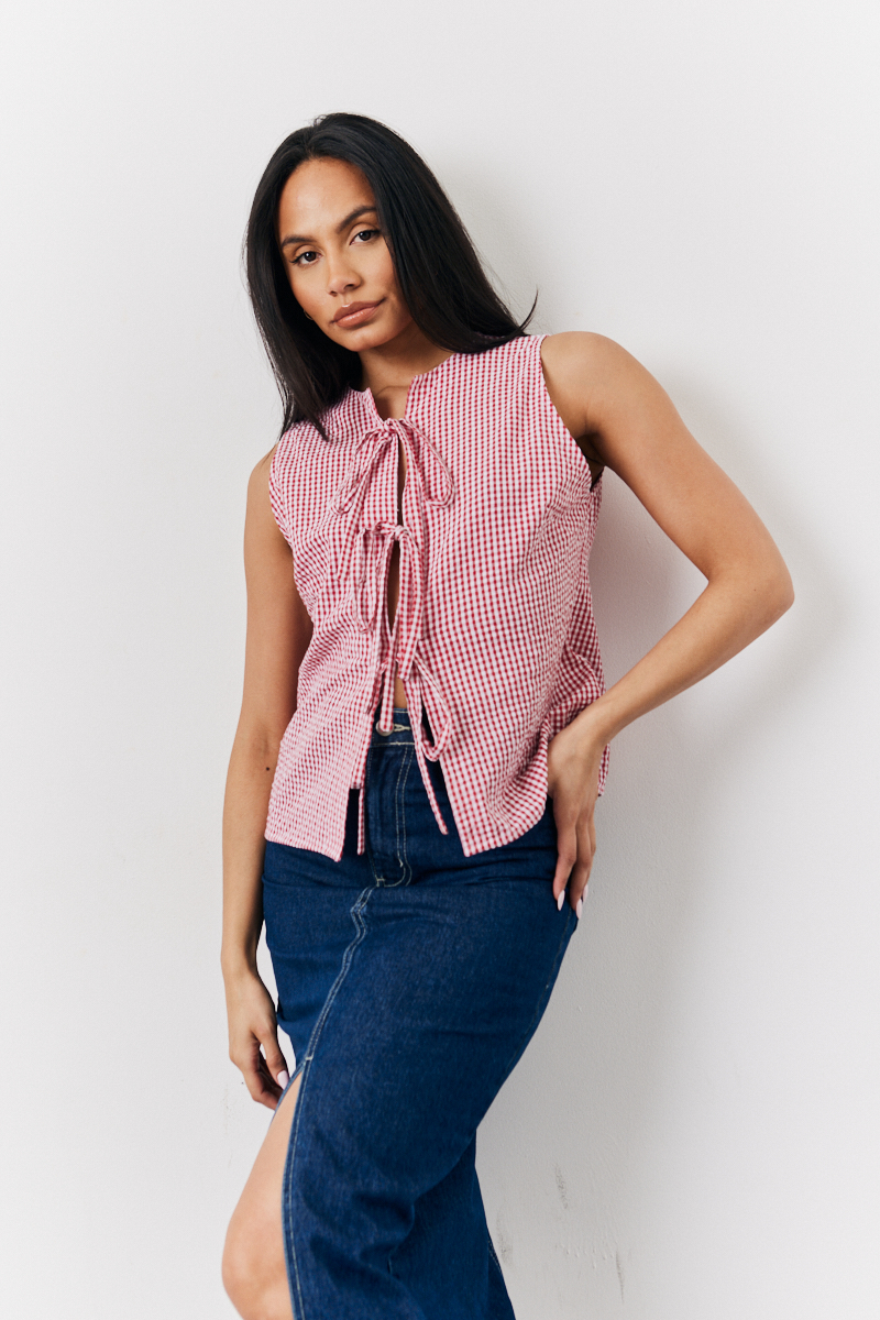 Red Gingham Tie Front Top