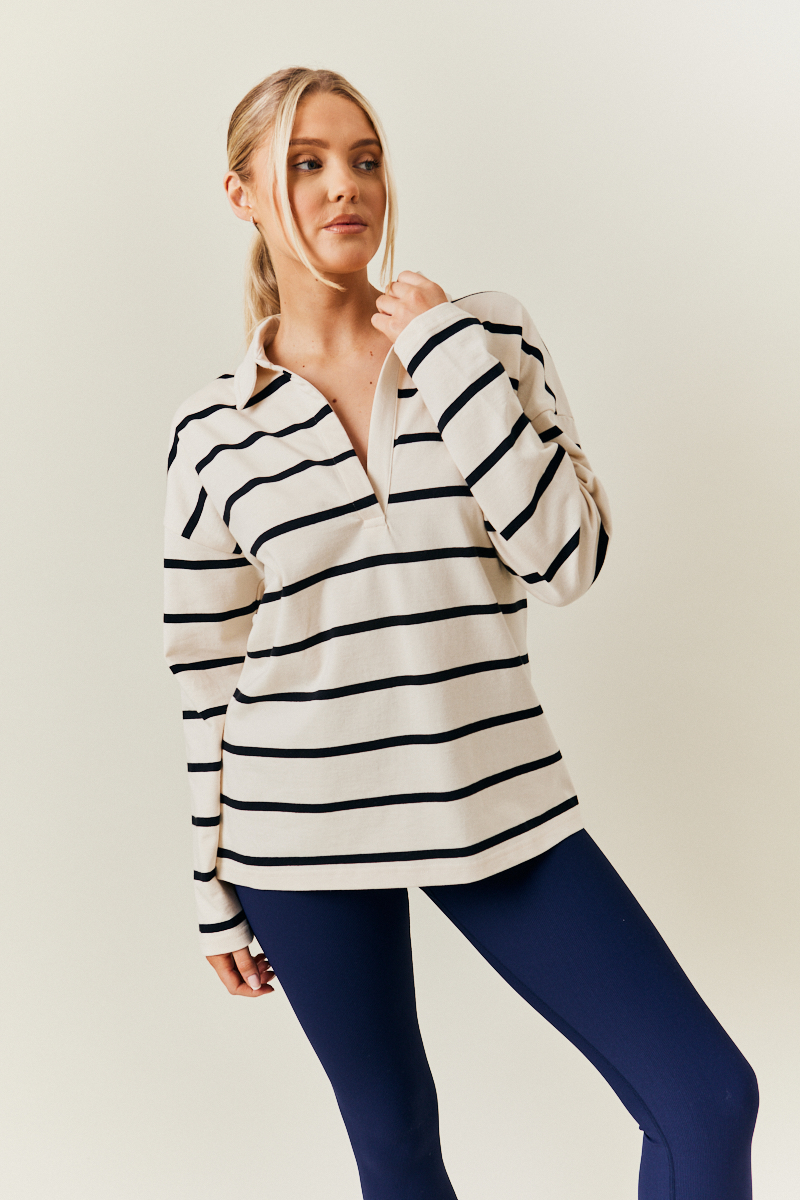 Cream & Black 90's Stripe Long Sleeve Rugby Shirt
