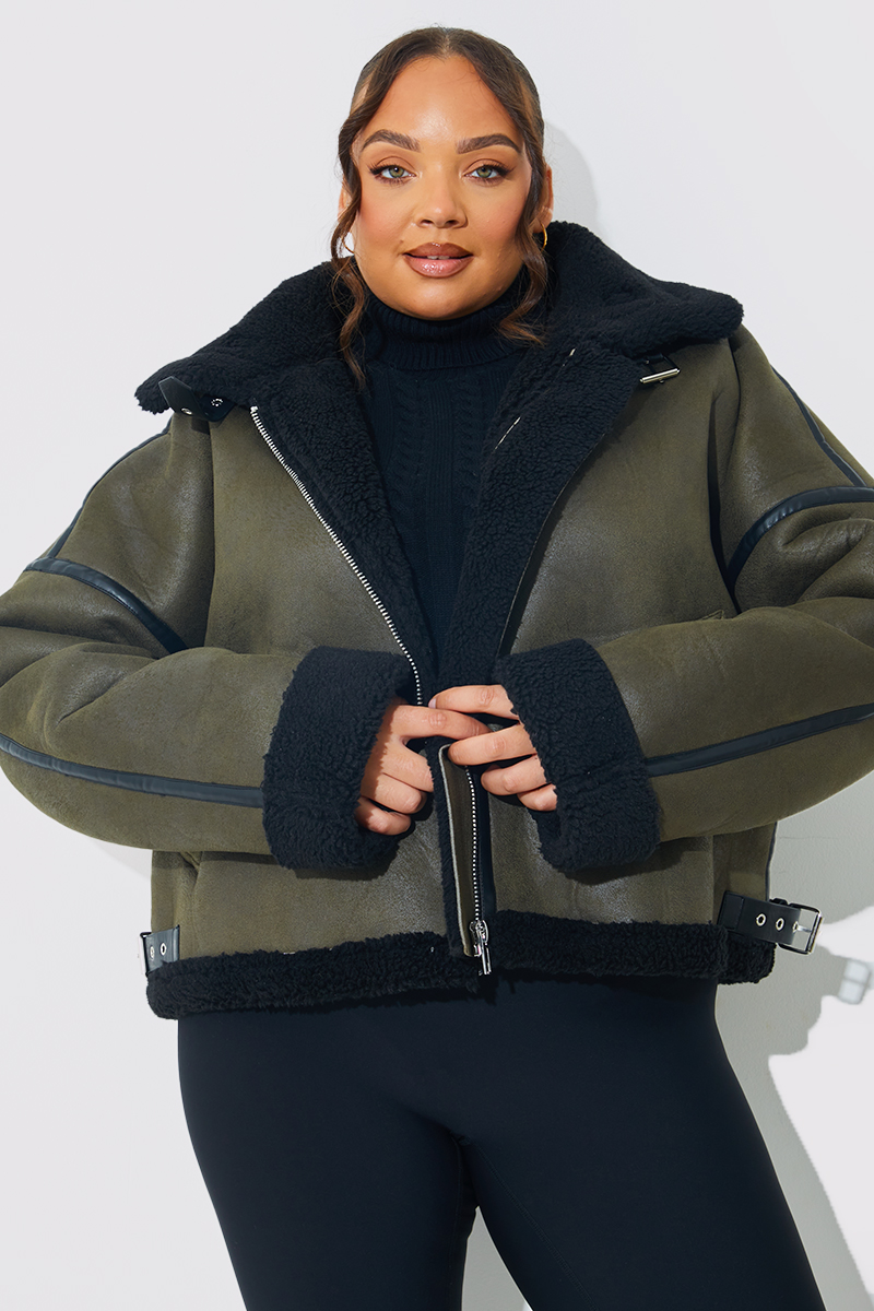 Asymmetric fleece contrast outlet hooded skirted coat