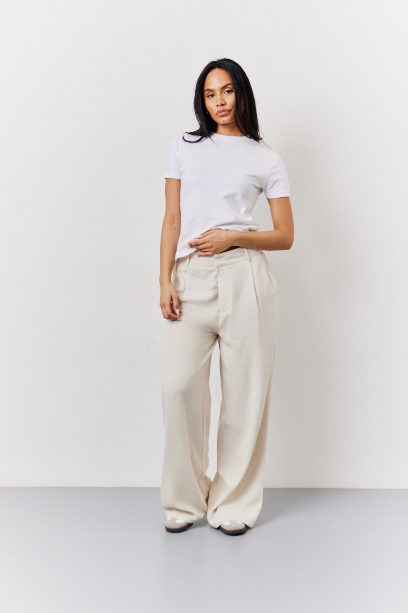 Stone Linen Blend Tailored Wide Leg Trouser