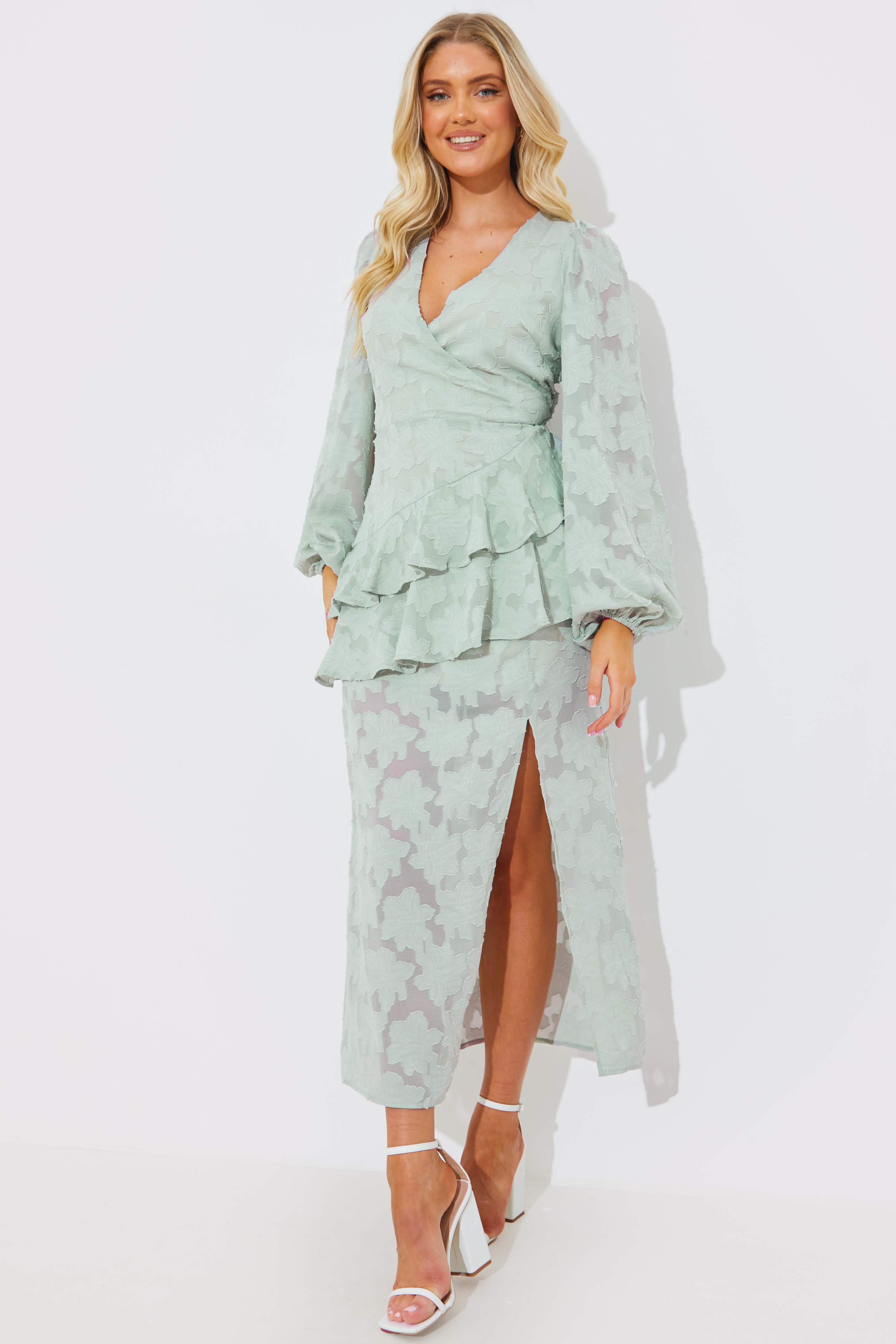 Jacquard Asymmetric Frill Wrap Midaxi Dress