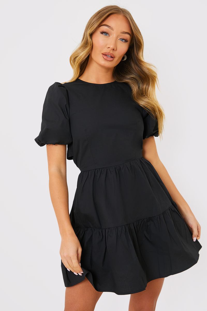 Puff Sleeve Smock Dress With Open Back Detailing